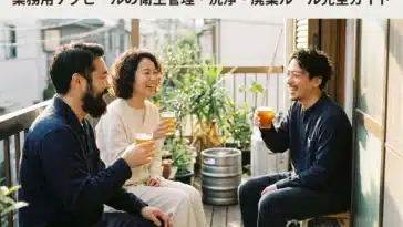 Professional header image for educational tutorial: 業務用ケグビールの衛生管理・洗浄・廃棄ルール完全ガイド
