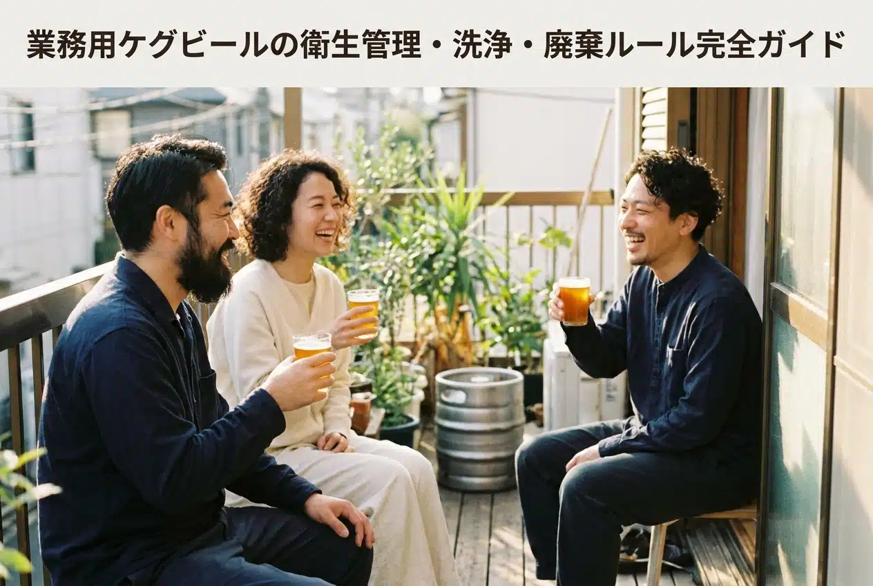 Professional header image for educational tutorial: 業務用ケグビールの衛生管理・洗浄・廃棄ルール完全ガイド