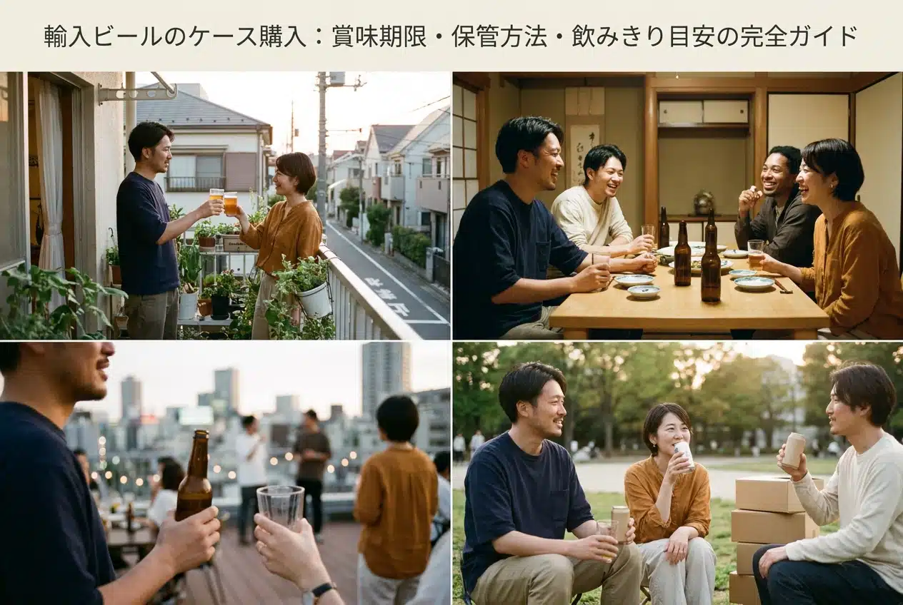 Professional header image for educational tutorial: 輸入ビールのケース購入：賞味期限・保管方法・飲みきり目安の完全ガイド