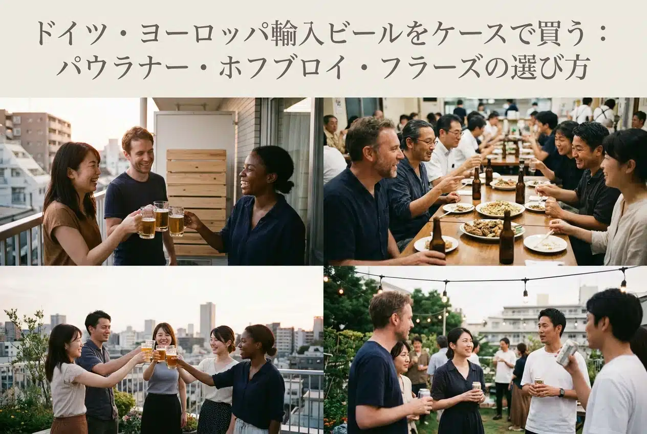 Professional header image for comparison analysis: ドイツ・ヨーロッパ輸入ビールをケースで買う：パウラナー・ホフブロイ・フラーズの選び方